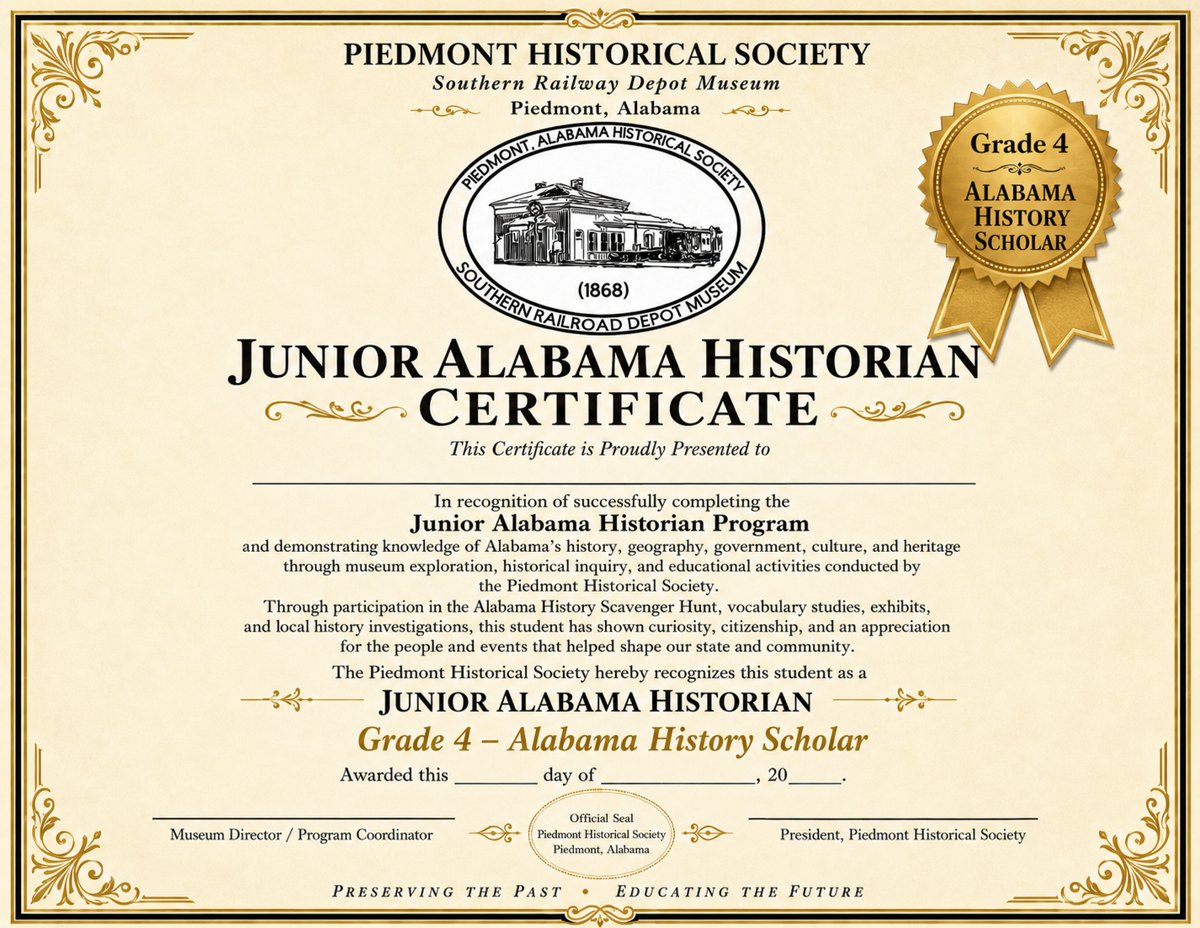 Junior Alabama Historian certificate — Grade 4, Alabama History Scholar