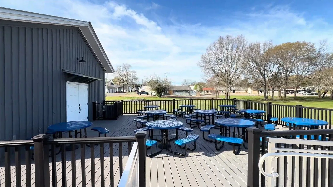 The outdoor deck at golden hour