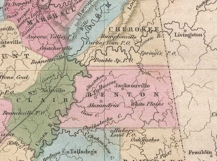 A hand-colored 1846 map showing Benton County, Alabama
