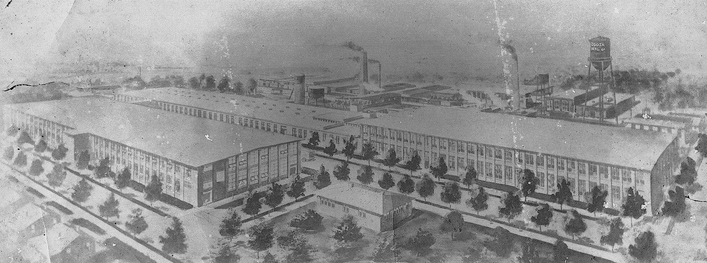 A panoramic drawing of the Coosa Manufacturing Company mill complex