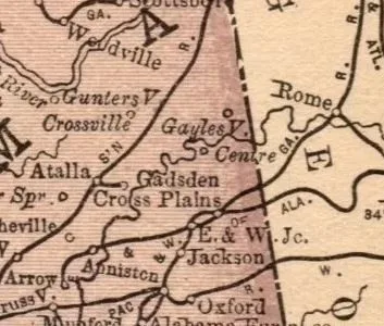 A pink-toned railroad map showing Cross Plains between Atalla and Jacksonville