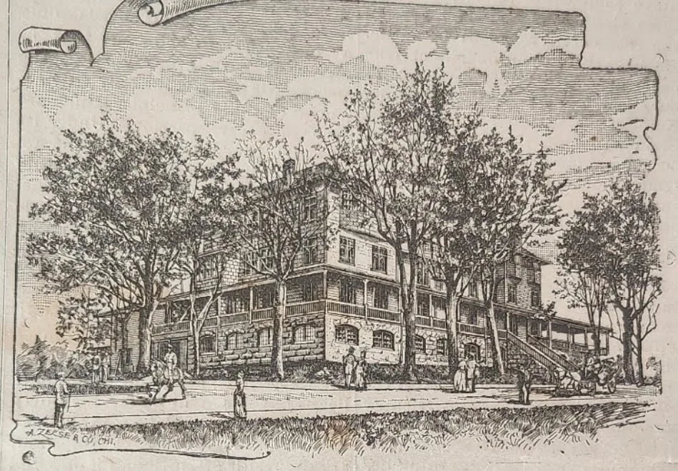 An engraving of the four-story Cumberland Presbyterian Seminary among trees