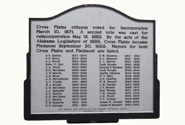 A cast marker listing the mayors of Cross Plains and Piedmont from 1871 forward
