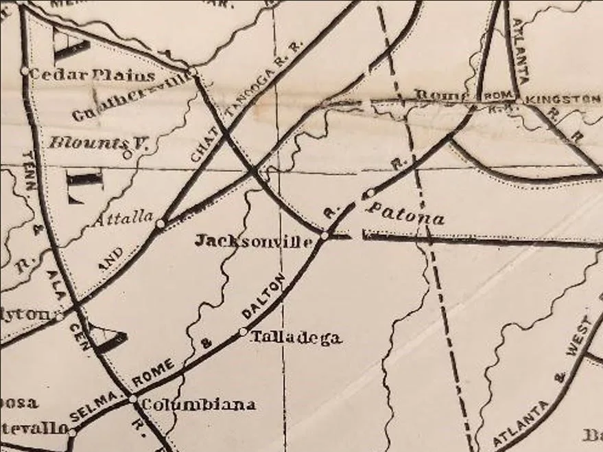 An early railroad map showing Patona east of Jacksonville