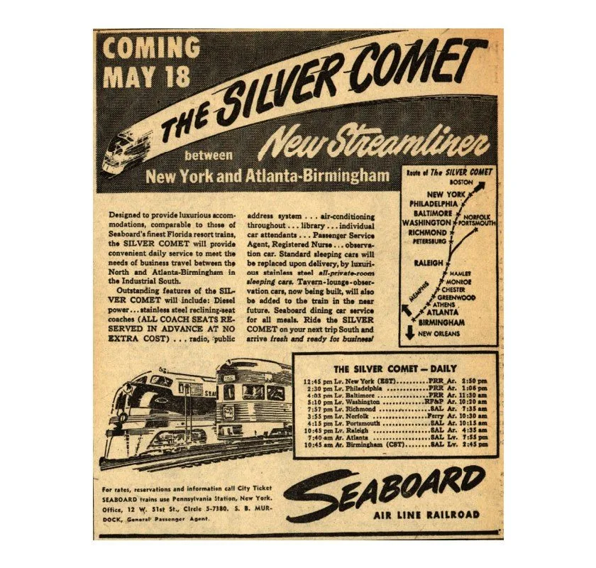 A 1947 newspaper advertisement announcing the Silver Comet streamliner